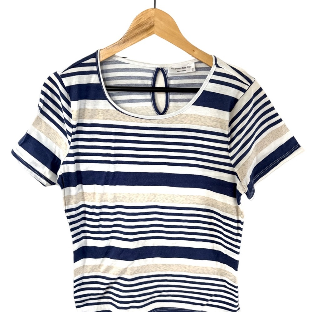Modern Attraction Striped Short Sleeve Top | Navy, White & Tan | Size Large